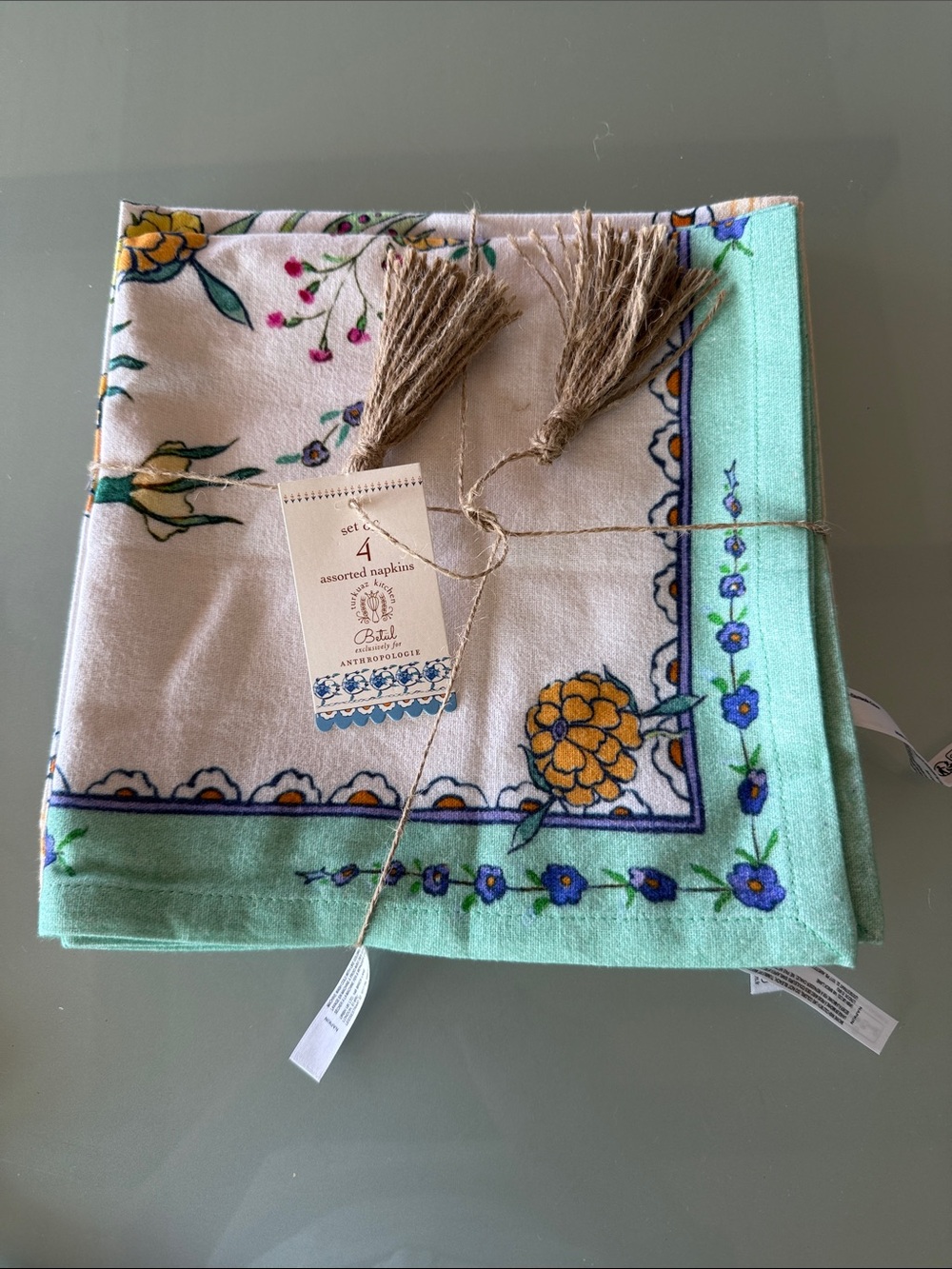 Anthropologie Floral Cotton Napkins in White, Blue, Green, Yellow